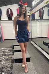 Glitter Navy Homecoming Dress Corset Spaghetti Straps Tight Short Prom Dress with Lace