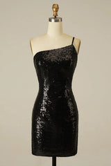 Glitter One Shoulder Tight Black Homecoming Dress Cocktail Party Dresses