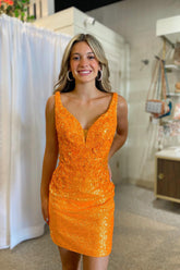 Glitter Orange Homecoming Dress Corset Sequin Tight Short Prom Dress with Appliques
