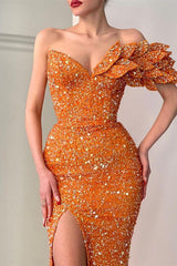 Glitter Orange Off the Shoulder V Neck Mermaid Evening Dress with Sequins Split