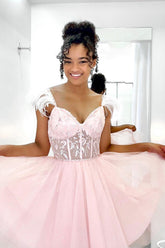 Glitter Pink Homecoming Dress A-Line Corset Tulle Short Prom Dress with Feathers