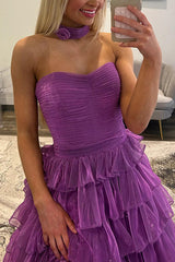 Glitter Purple Strapless Prom Dress Ball Gown Ruffled Pleated Long Formal Dress With Slit
