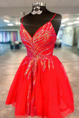 Glitter Red Homecoming Dress Sequined A-Line Short Prom Dress