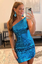 Glitter Royal Blue Homecoming Dress One Shoulder Sequin Tight Hoco Dress