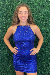 Glitter Royal Blue Homecoming Dress Spaghetti Straps Sequin Tight Short Prom Dress