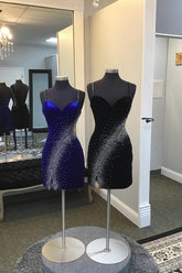 Glitter Royal Blue Velvet Cocktail Dress Tight Short Christmas Party Dress with Slit