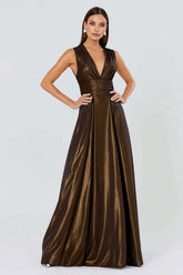 Brown glitter satin A-line prom dress with deep V-neck and pleated bodice, full-length front view