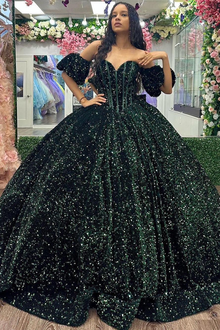 Glitter & Sparkly Ball Gown Off Shoulder Puff Sleeves Emerald Green Tulle Quinceanera Dress Princess Evening Party Gown For Sweet 16
