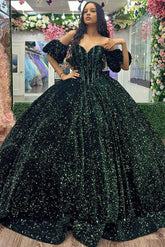 Glitter & Sparkly Ball Gown Off Shoulder Puff Sleeves Emerald Green Tulle Quinceanera Dress Princess Evening Party Gown For Sweet 16