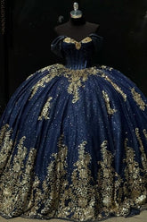 Glitter & Sparkly Ball Gown Off Shoulder Sleeveless Gold Sequins Appliques Lace Up Bown Knot Quinceanera Dress Formal Evening Gown For Sweet 16