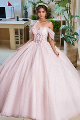 Glitter & Sparkly Ball Gown Off Shoulder Spaghetti Straps Flower Appliques Tiered Baby Pink Tulle Quinceanera Dress Birthday Party Dress For Sweet 16
