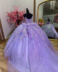 Glitter & Sparkly Ball Gown V Neck Lace Appliques Beaded Bow Knot Lavender Tulle Quinceanera Dress Birthday Evening Party Gown For Sweet 16