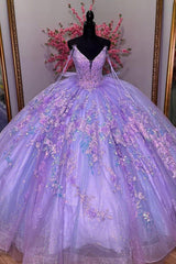 Glitter & Sparkly Ball Gown V Neck Lace Appliques Beaded Bow Knot Lavender Tulle Quinceanera Dress Birthday Evening Party Gown For Sweet 16