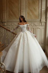 Glitter Tulle Ball Gown Wedding Dress with Beaded Lace Sleeves