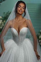 Glitter Tulle Wedding Dress Sweetheart Ball Gown Beaded Bridal Gown