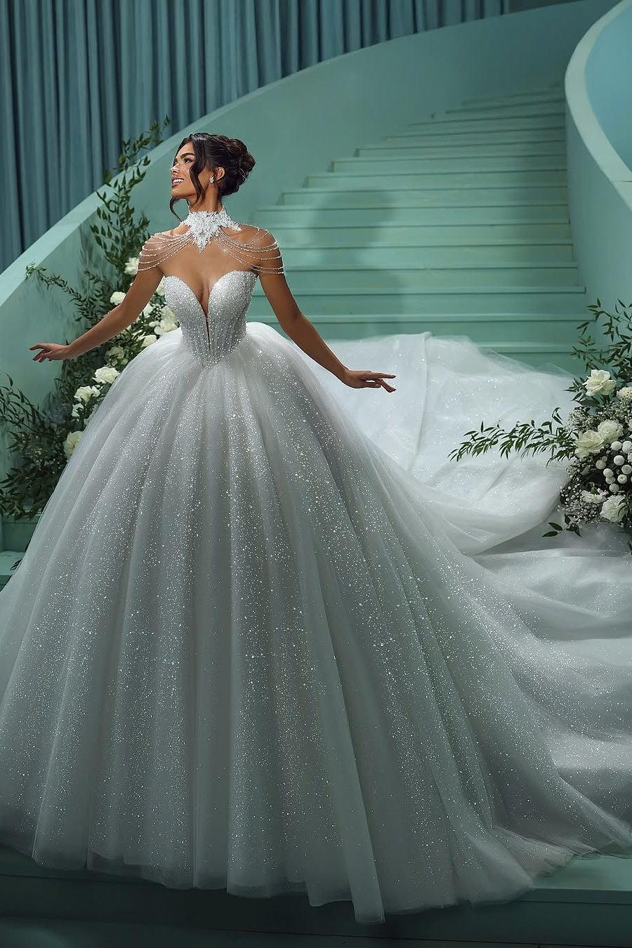 Dreamyannie Glitter Tulle Wedding Dress Sweetheart Ball Gown Beaded Bridal Gown
