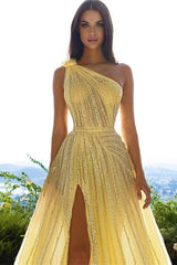 Glittering One Shoulder Daffodil Sequins Prom Dress Long Split