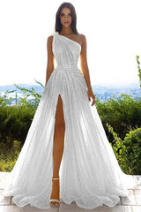 Glittering One Shoulder Daffodil Sequins Prom Dress Long Split