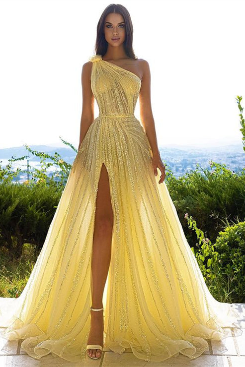 Glittering One Shoulder Daffodil Sequins Prom Dress Long Split