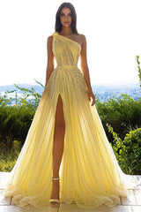 Glittering One Shoulder Daffodil Sequins Prom Dress Long Split