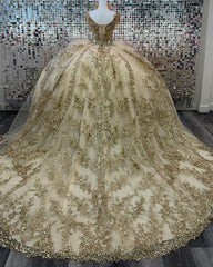 Goegeous Ball Gown Off Shoulder Lace Appliques Beaded Tiered Champagne Tulle Princess Quinceanera Dress Birthday Party Gown For Sweet 16