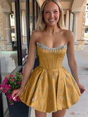 Sparkly Satin A Line Short Corset Homecoming Dress with Rhinestones