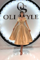 Gold A Line Prom Dress Off the Shoulder Satin Tea Length Formal Dress