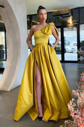 Gold A Line Prom Dress Sleeveless One Shoulder Satin Formal Dress