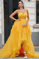 Gold A Line Prom Dress Sleeveless Spaghetti Straps High Low Formal Dress