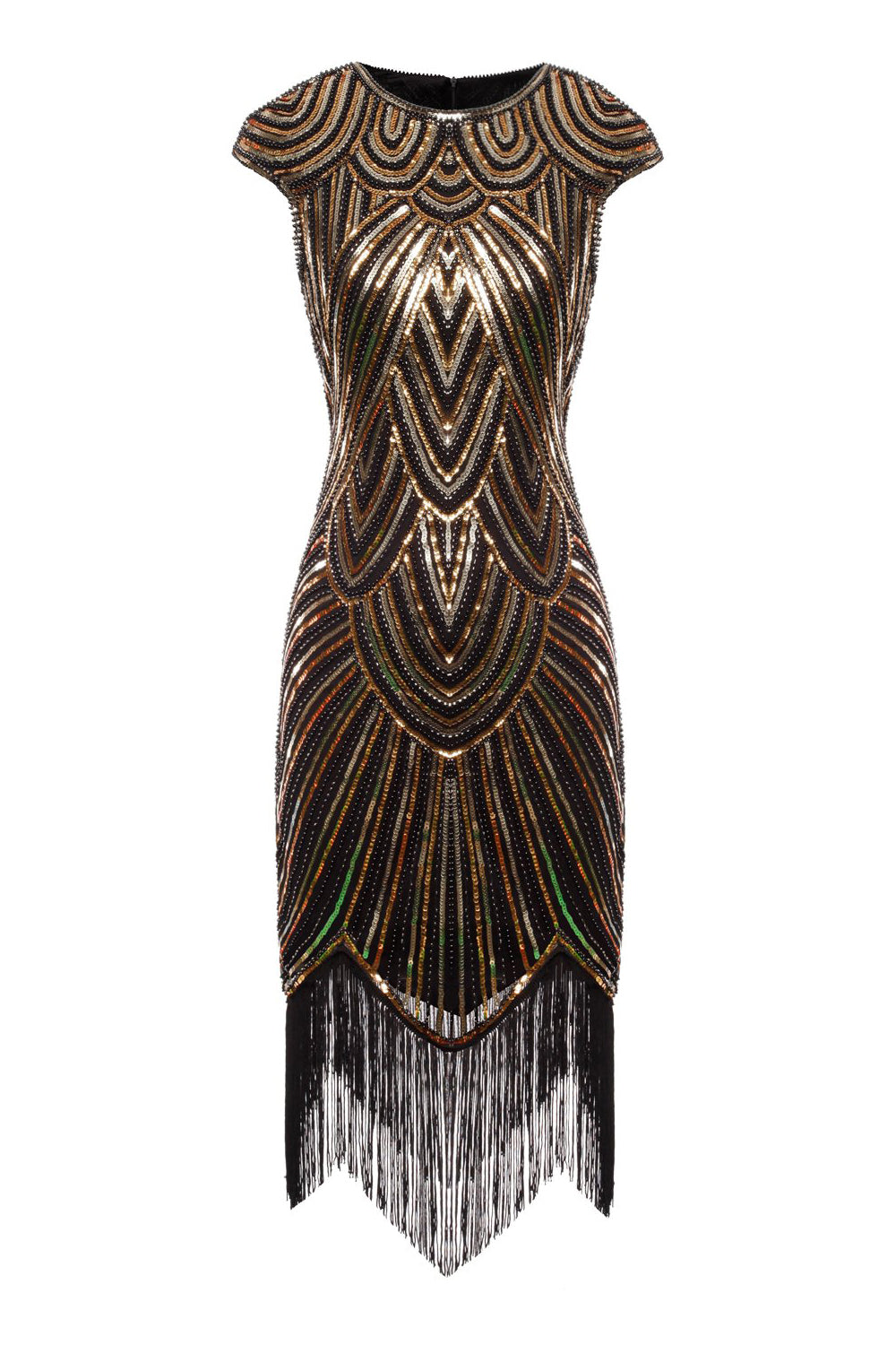 Gold Gatsby Glitter Cape Sleeves Fringe 1920s Dress