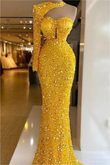Gold Mermaid Prom Dress Long Sleeve Sequined One Shoulder Formal Dress