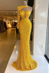 Gold Mermaid Prom Dress Long Sleeve Sequined One Shoulder Formal Dress