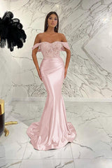 Gold Mermaid Prom Dress Off the Shoulder Formal Dress With Lace Appliques