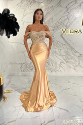 Gold Mermaid Prom Dress Off the Shoulder Formal Dress With Lace Appliques