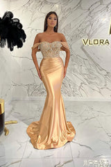 Gold Mermaid Prom Dress Off the Shoulder Formal Dress With Lace Appliques