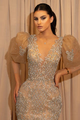 Gold Mermaid Prom Dress Puff Long Sleeve Formal Dress With Lace Appliques