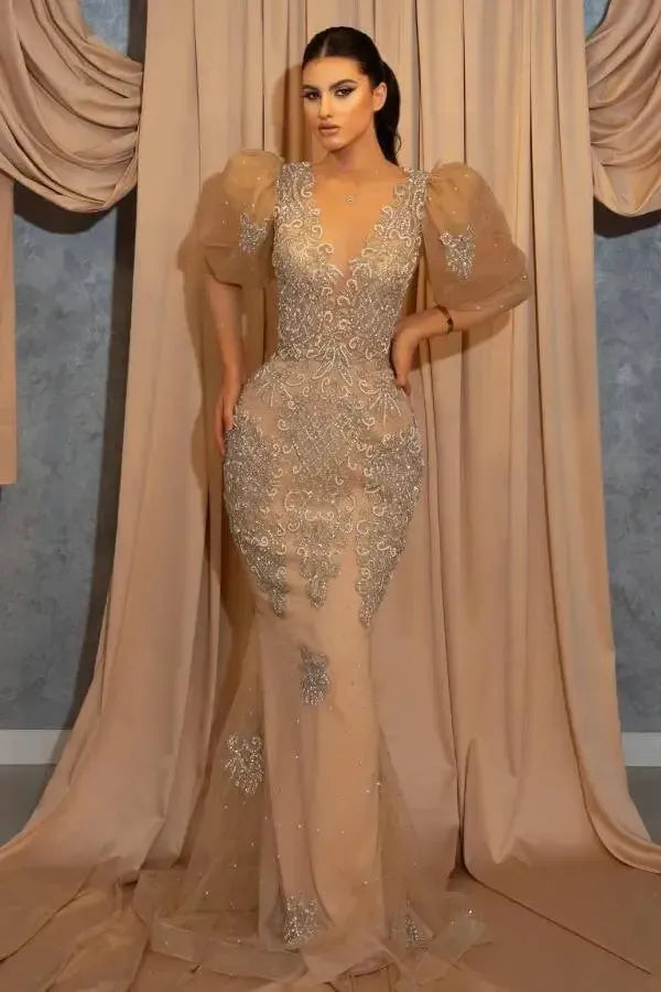 Gold Mermaid Prom Dress Puff Long Sleeve Formal Dress With Lace Appliques