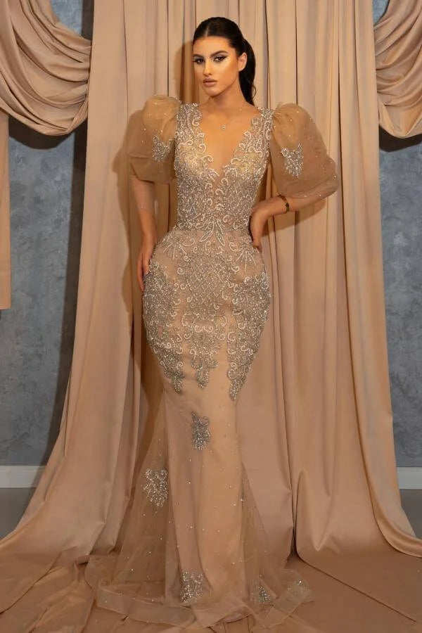 Gold Mermaid Prom Dress Puff Long Sleeve Formal Dress With Lace Appliques