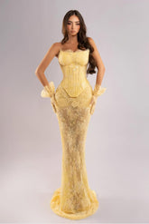 Gold Mermaid Prom Dress Sleeveless Strapless Formal Dress With Lace Appliques