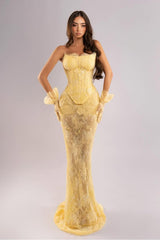 Gold Mermaid Prom Dress Sleeveless Strapless Formal Dress With Lace Appliques