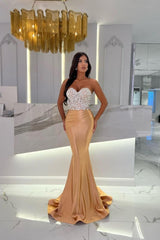 Gold Mermaid Prom Dress Sleeveless Sweetheart Beaded Formal Dress