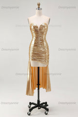 Gold Metallic Sweetheart Ruched High-Low Cocktail Dress