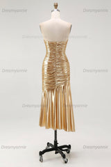 Gold Metallic Sweetheart Ruched High-Low Cocktail Dress
