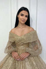 Gold Prom Dress A Line Off The Shoulder Sequined Formal Dress With Sleeves