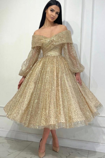 Gold Prom Dress A Line Off The Shoulder Sequined Formal Dress With Sleeves