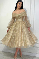 Gold Prom Dress A Line Off The Shoulder Sequined Formal Dress With Sleeves