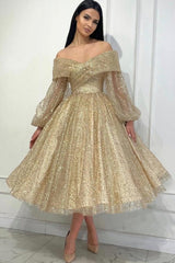 Gold Prom Dress A Line Off The Shoulder Sequined Formal Dress With Sleeves
