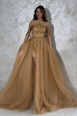 Gold Prom Dress A Line Strapless Sleeveless Beaded Detachable Panel Train Tulle Formal Dress With Pearls