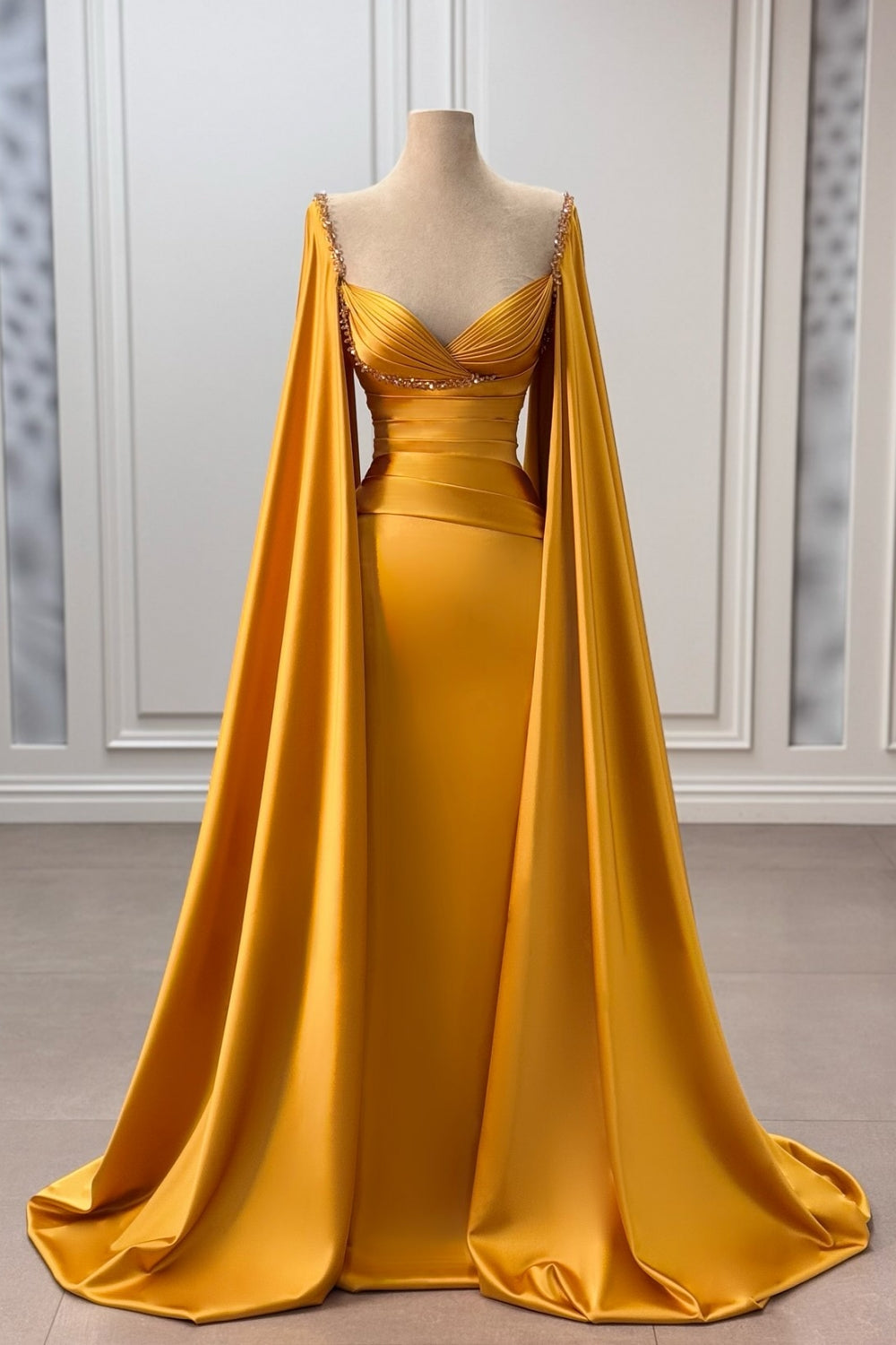 Gold Prom Dress Column V Neck Cap Sleeves Beaded Sweep Train Satin Formal Dress