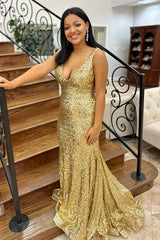 Gold Prom Dress Mermaid V-Neck Long Formal Dress